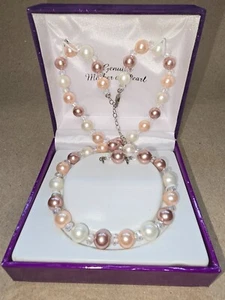 Genuine Mother Of Pearl Necklace And Earrings Silver Plated Set - NIB - Picture 1 of 7