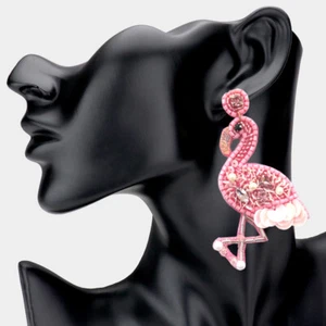 NEW Light Pink Sequin & Rhinestone Flamingo Seed Beaded Drop Dangle Earrings - Picture 1 of 1