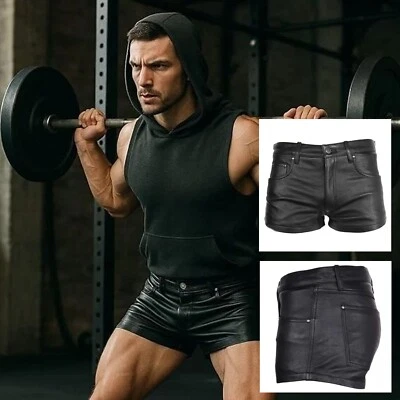 Pantalones Cortos de Cuero Anaaz Negros Informales 5 Bolsillos Cremallera Mosca Cuero de Vaca Gimnasio Pantalones Cortos Foto 1 de 4