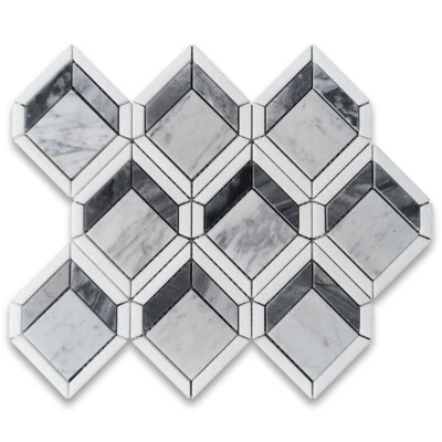 C25E5XP Carrara White Marble Illusion 3D Square Geometry Mosaic Tile White - Image 1 of 4