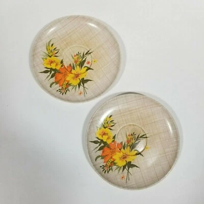 2  Floral Melamine Saucers Replacement Vintage Glen Check Pattern Brown - Image 1 of 3