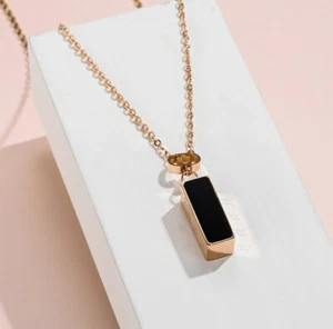 Titanium Gold 3D Cube Rectangle Black Onyx Full-side CC Pendant Chain Necklace - Picture 1 of 2