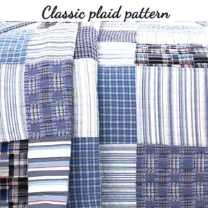 NEW! ~ CLASSIC BLUE DENIM NAVY WHITE RED PLAID LODGE MODERN PATCHWORK QUILT SET - Picture 1 of 9