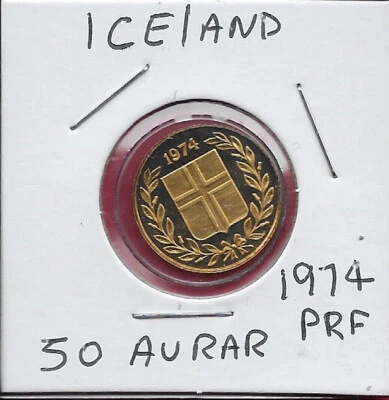 ICELAND 50 AURAR 1974 PRF 15,000 MINTED,ICELANDIC COAT OF ARMS SURROUNDED BY A V - Image 1 of 2