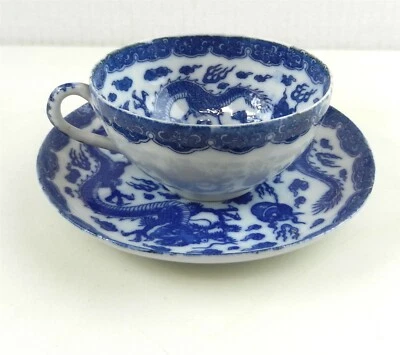 Antique Bone China Cup & Saucer Chinese Dragon Blue Transferware  ~EC~  T171 - Image 1 of 4