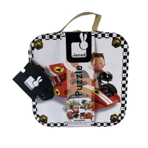 Janod Race Car & Boy Jigsaw 4 Puzzles AGES 3-6 Carrying Case Gift NEW - Picture 1 of 11