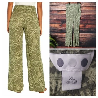 Pantalones Palazzo Three Dots Talla XL Bosque Verde Mosaico Cintura Elástica Rayón Foto 1 de 4