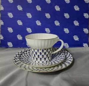 Lomonossow Porzellan Kobaltnetz Bone China Teetasse Untertasse Kuchenteller Russisch - Bild 1 von 6