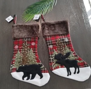 18" Mountain Black Bear & Moose Christmas Stocking Set, Red Plaid Country Lot - Picture 1 of 13
