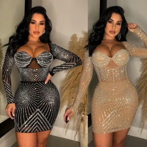 Moda Mujeres Damas Mangas Largas Sin Tirantes Estrás Bodycon Vestido Corto de Fiesta - Imagen 1 de 14