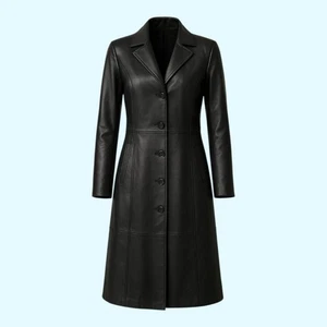 Handgefertigter schwarzer langer Damen-Trenchcoat aus Schafsleder volle Länge moderner Stil - Bild 1 von 5