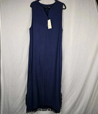 Willow Tree Dress Size 20 Blue Linen Blend Peasant Dress Pockets BNWT (24" bust) - image 1 of 4