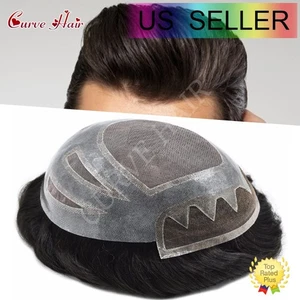 Mens Toupee Human Hair Piece Lace Front Mens Hair Replacement System Wig Units - Picture 1 of 48