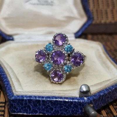 Кольцо из стерлингового серебра 925 пробы, аметист и синий топаз, размер N.5 США 7, с клеймом  - Изображение 1 из 4