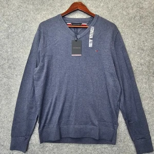 Blue Preppy V Neck Sweater Mens Medium TOMMY HILFIGER Flag Logo Ivy League NEW - Picture 1 of 12