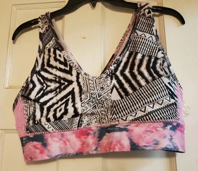 NANETTE LEPORE Pink Floral Black White Aztec Sports Bra Women's Size L Large - Image 1 of 4