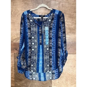 Blusa Grande Nueva con Etiquetas Nine West Azul Manga Larga Botón Tapeta Patrón Geométrico - Imagen 1 de 10