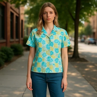 Blusa para mujer Valerie Stevens azul y verde con botones manga corta talla L Foto 1 de 4