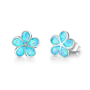 S925 Solid Sterling Silver Blue Fire Opal Flower Stud Earrings Women Gifts Party - Picture 1 of 6