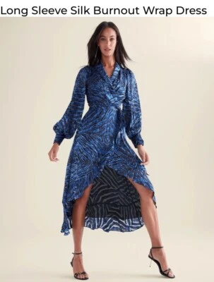 Vestido envolvente azul seda Burnout manga larga mercado negro White House alto/bajo talla 8 Foto 1 de 4