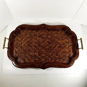 Maitland Smith Basket Weave Rattan Wicker Tray Brass Handles 28x18 - Picture 1 of 9