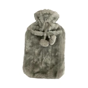 GREY Hot Water Bottle with Cosy Faux Fur Pom Pom Cover Fluffy Soft Large 2 Litre - Picture 1 of 1