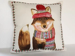 Hillcrest Throw Pillow Fox in Winter Scarf & Hat Beige Brown Red Green Holidays - Picture 1 of 3
