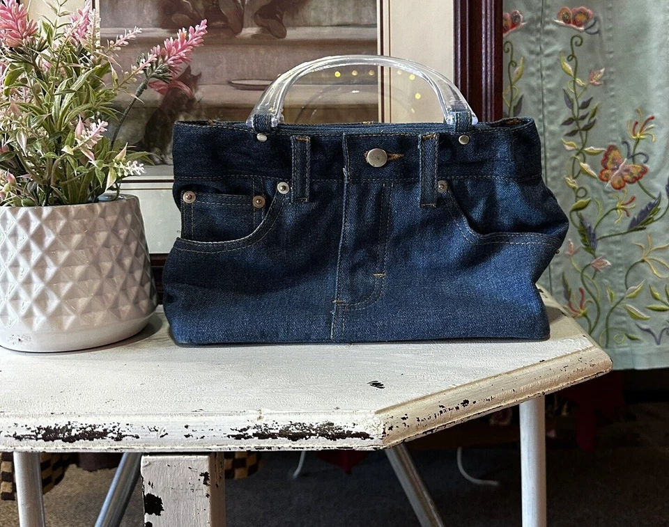 Bolsa de mão jeans vintage anos 70 alça de acrílico azul retrô exclusiva rara - Imagem 1 de 4