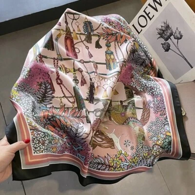 FIRELIEBIRD 100% Silk Square Scarf Women Vintage Pink Black Kerchief Headscarf Wrap 68*68cm