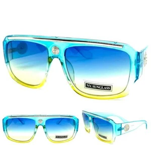 Mens Classic Elegant Retro Hip Hop Rapper SUN GLASSES Blue Frame Light Tint Lens - Picture 1 of 6