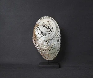 Natural Mussels Clam Shell Carving Dragon Model on Stand Large Size Hand Carved - Picture 1 of 8