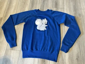 Vintage 80s Youth XL Blue Squirrel Patch Wrangler Sweatshirt Fuzzy Made in USA - Picture 1 of 10