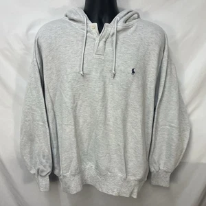 VINTAGE 90S POLO RALPH LAUREN GRAY HENLEY HOODIE SWEATSHIRT SIZE XL USA BOXY - Picture 1 of 5