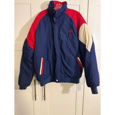 Seagrams 7 Crown Vintage Bomber Jacket Red Blue White Nylon Mens Size L - Image 1 of 4