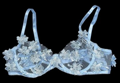 Vintage Baby Blue Shiny Lace Sheer Floral Embroidery Mesh Bra Womens S Foto 1 de 4