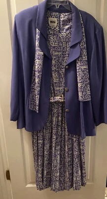 Leslie Fay Womens A Line Dress Purple/White Floral Pleated, Belted W Jacket, 24P - Image 1 of 4