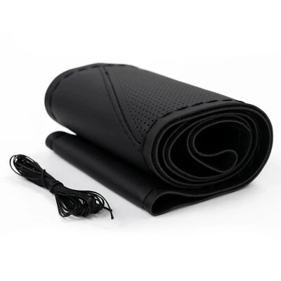 15" Black Car Hand Sew Steering Wheel Cover DIY GENUINE UFL Leather Non Slip USA - Image 1 of 4