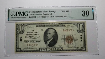$10 1929 Flemington New Jersey NJ National Currency Bank Note Bill Ch #892 VF30! - Image 1 of 4