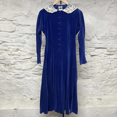 Vintage Laura Ashley Dress Blue Long Velvet Lace Collar Whimsy Goth US 6 UK 8 - Image 1 of 4