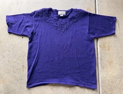 Vintage 1993 Casual Corner Purple Acrylic Blend Embroidered Floral Top Size M - Image 1 of 4