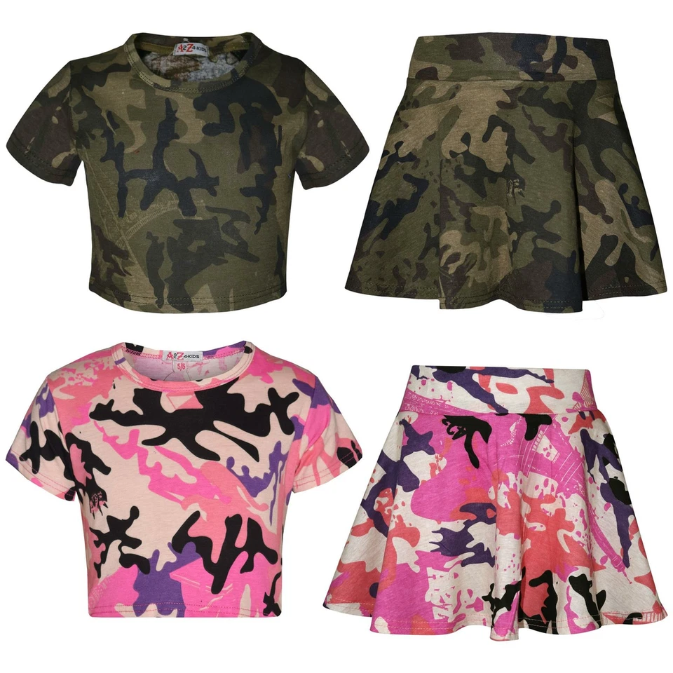 Kids Girls Crop Top & Skater Skirt Camouflage Fashion Summer Outfit Sets 5-13 Yr - Image 1 of 1
