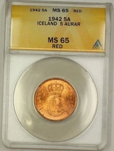 1942 Iceland 5A Five Aurar Copper Coin ANACS MS-65 Red GEM BU (G) - Picture 1 of 2