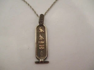 Vintage Sterling Silver Egyptian Hieroglyphics Cartouche Seal Pendant with Chain - Picture 1 of 11