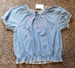 Lucky Brand Robin Chambray Embroidered Floral Peasant Top Girl's Size 12/14 NEW - Picture 1 of 6