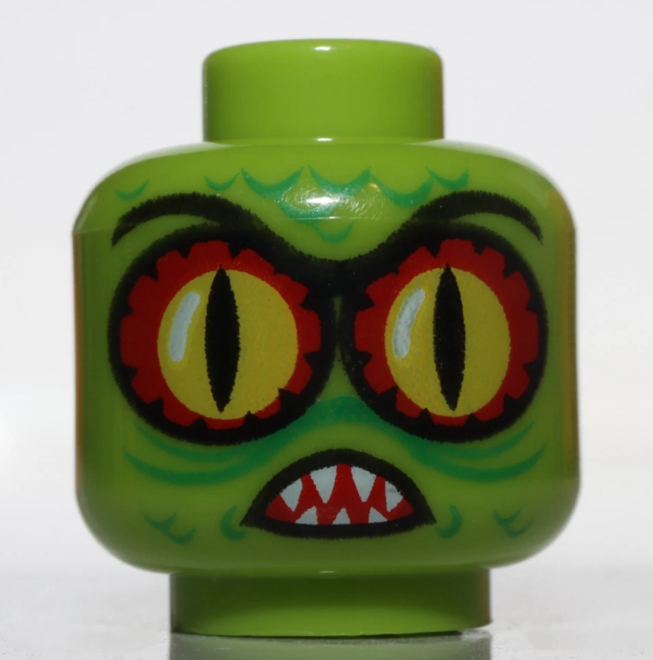 Lego Lime Minifig Head Alien Swamp Creature Red Yellow Eyes Pointed Teeth Scales - Image 1 of 1