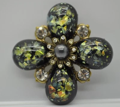 VINTAGE FLOWER SHAPE BLACK PEARLS BALL / CLEAR STONE FASHION BROOCH /PIN #1 - Image 1 of 4