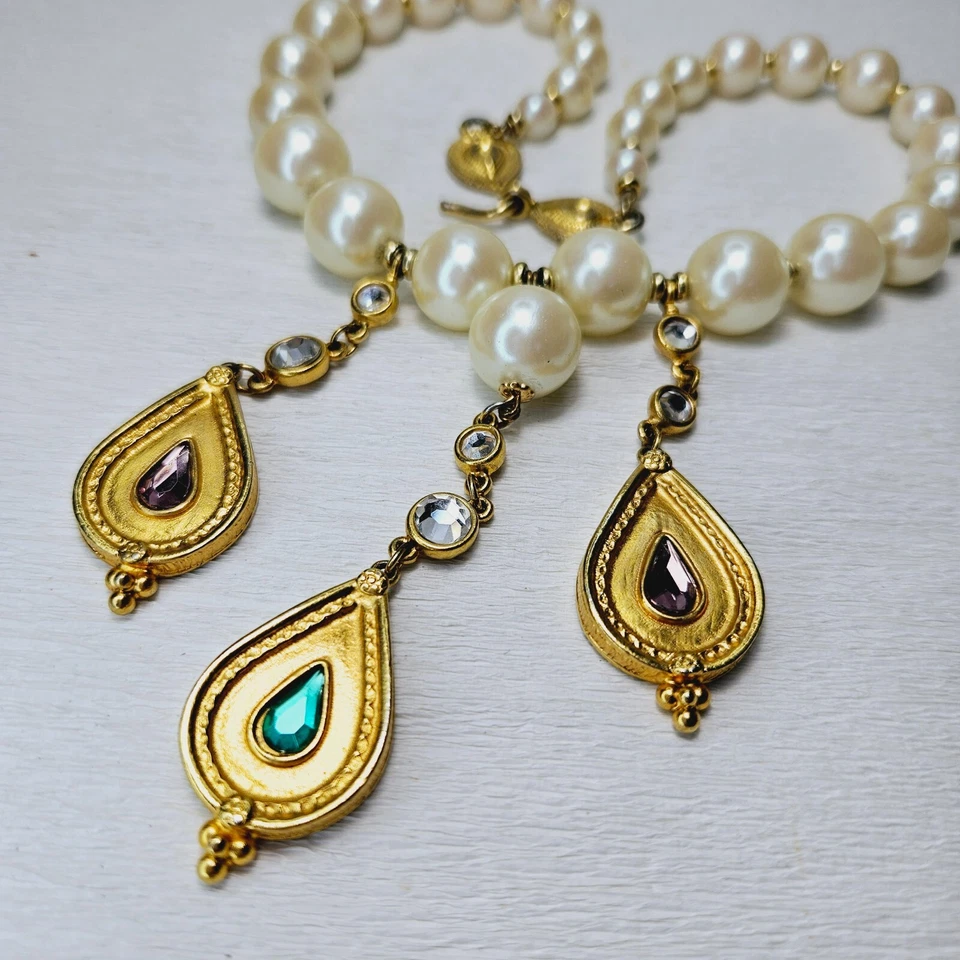 Ben-Amun Necklace Graduated Pearls Rhinestone Set Drops Retired Rare Design - Image 1 of 4