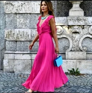 ZARA FUCHSIA PINK PLEATED PLISSE MAXI OPEN BACK DRESS SIZE L 14 SUMMER WEDDING - Picture 1 of 7