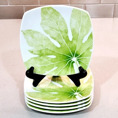 Crate and Barrel White Green Leaf Design 6 x 6 Square Appetizer Plates Lot of 5 - Image 1 of 4