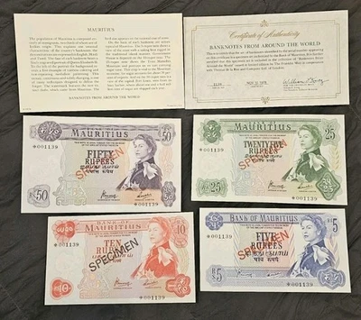 BANK OF MAURITIUS COMPLETE SPECIMEN SET W/COA 1978 001139 LOW SN RARE MINT COND - Image 1 of 2